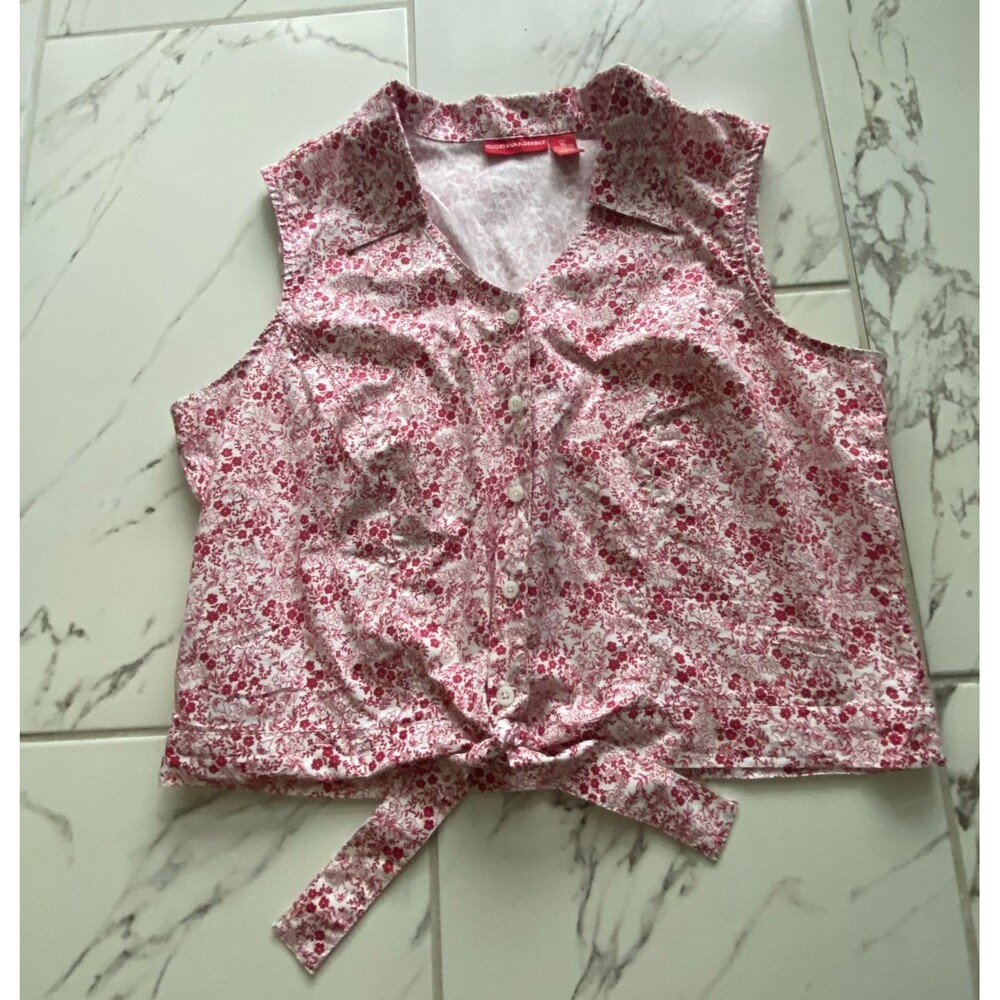 Gloria Vanderbilt Womens XL Red White Floral Sleeveless Tie Front Blouse